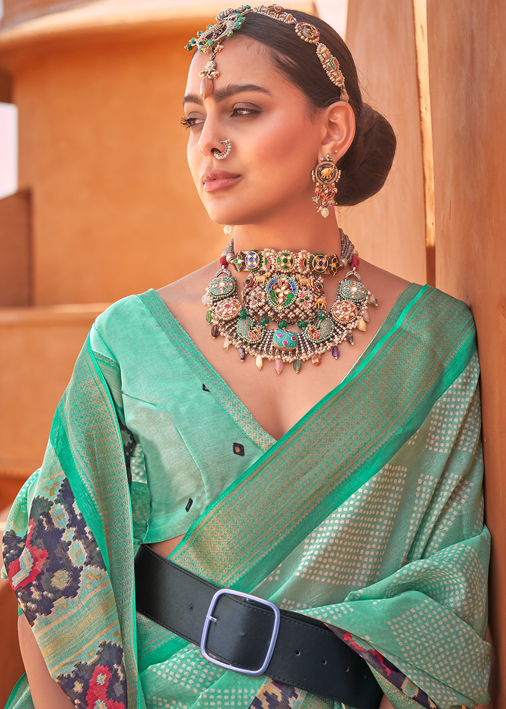 Emerald Green Printed Cotton Silk Saree