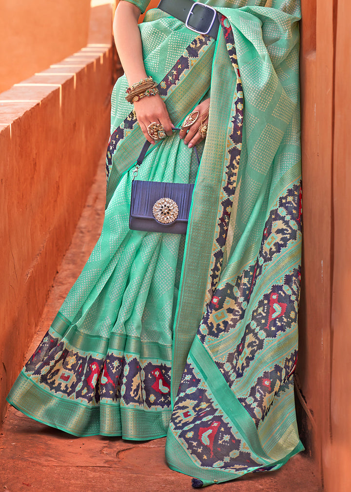 Emerald Green Printed Cotton Silk Saree