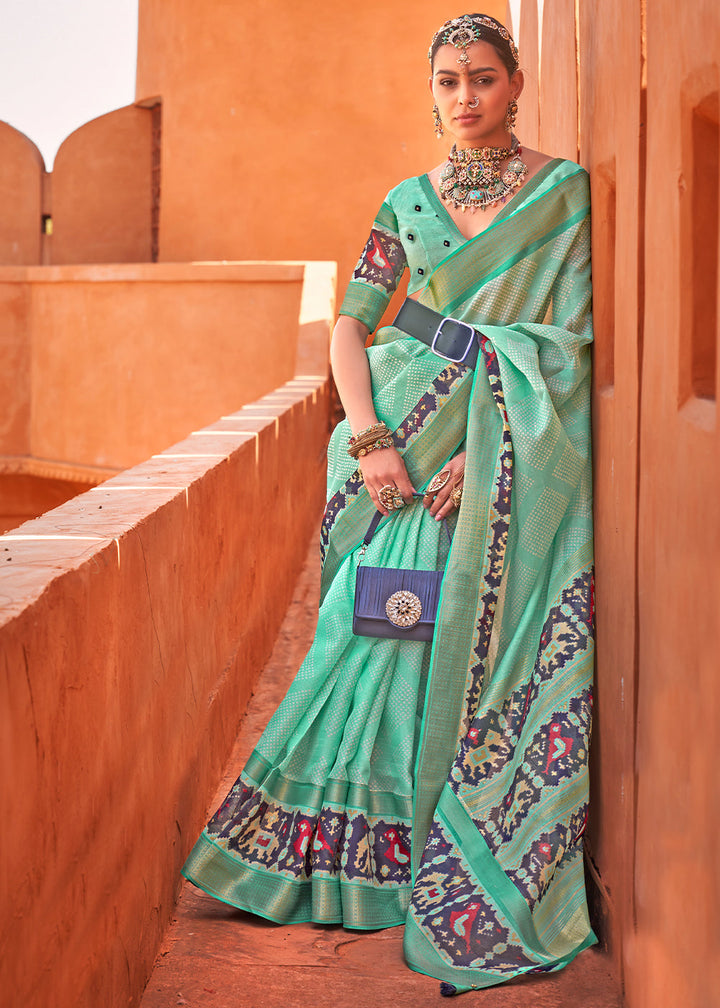 Emerald Green Printed Cotton Silk Saree