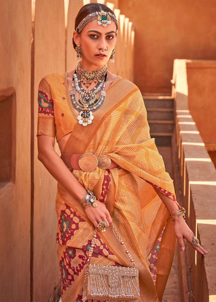 Canary Yellow Printed Cotton Silk Saree