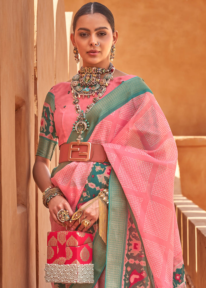 Baby Pink Printed Cotton Silk Saree