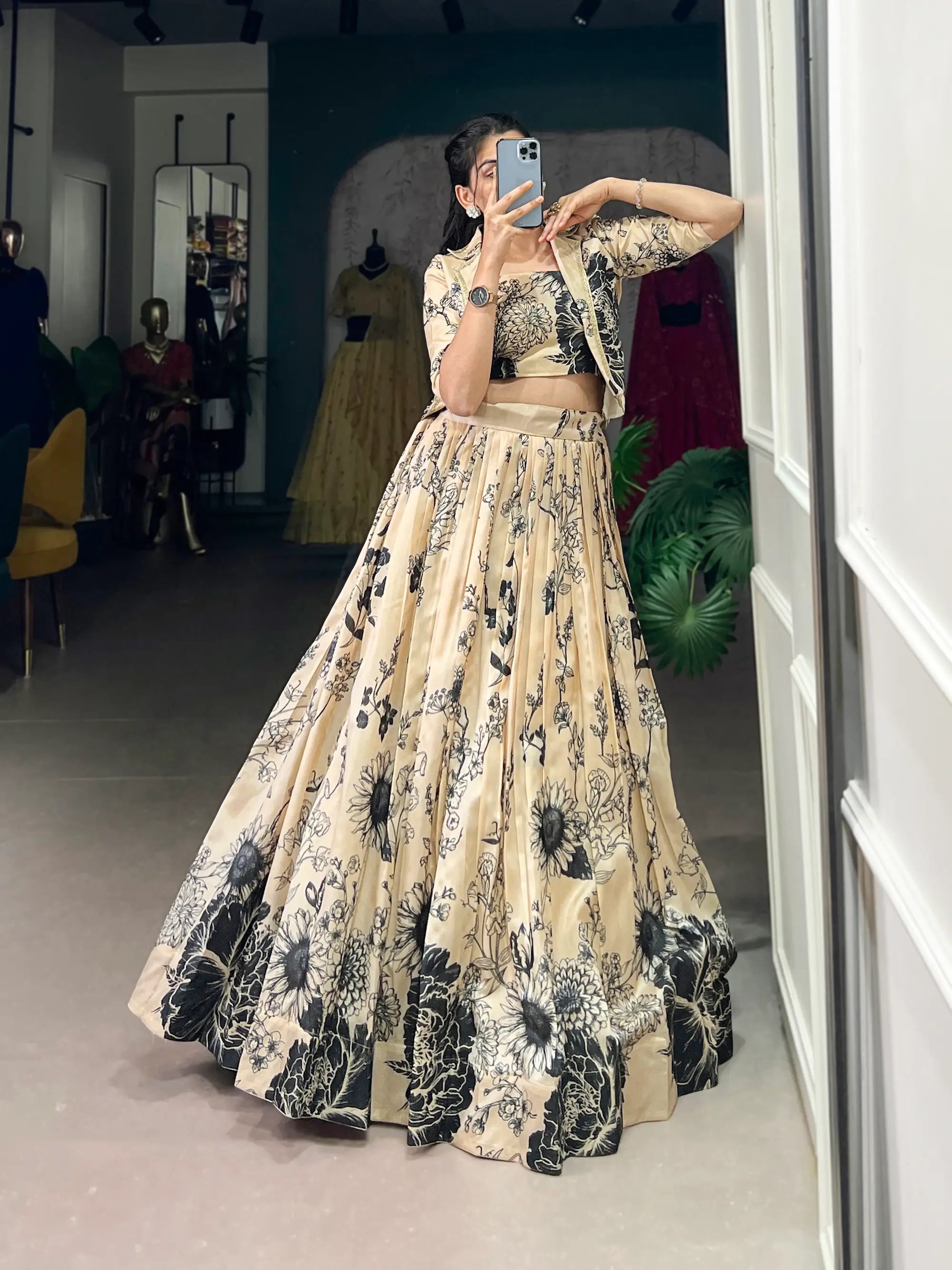 Beige Tussar Silk Floral Printed Indo Western Set - qivii