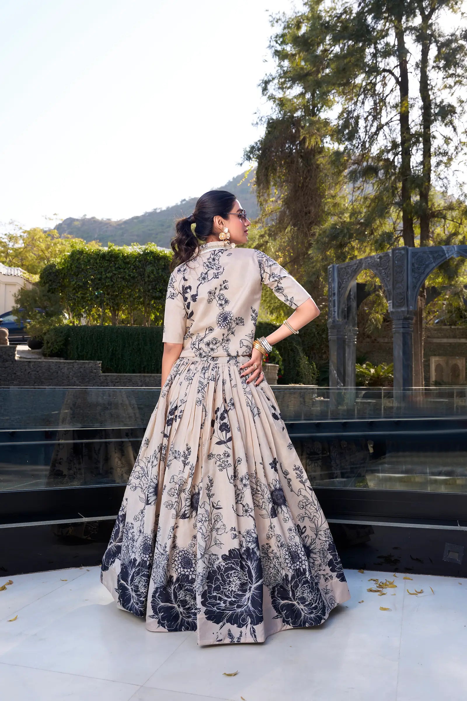 Beige Tussar Silk Floral Printed Indo Western Set - qivii