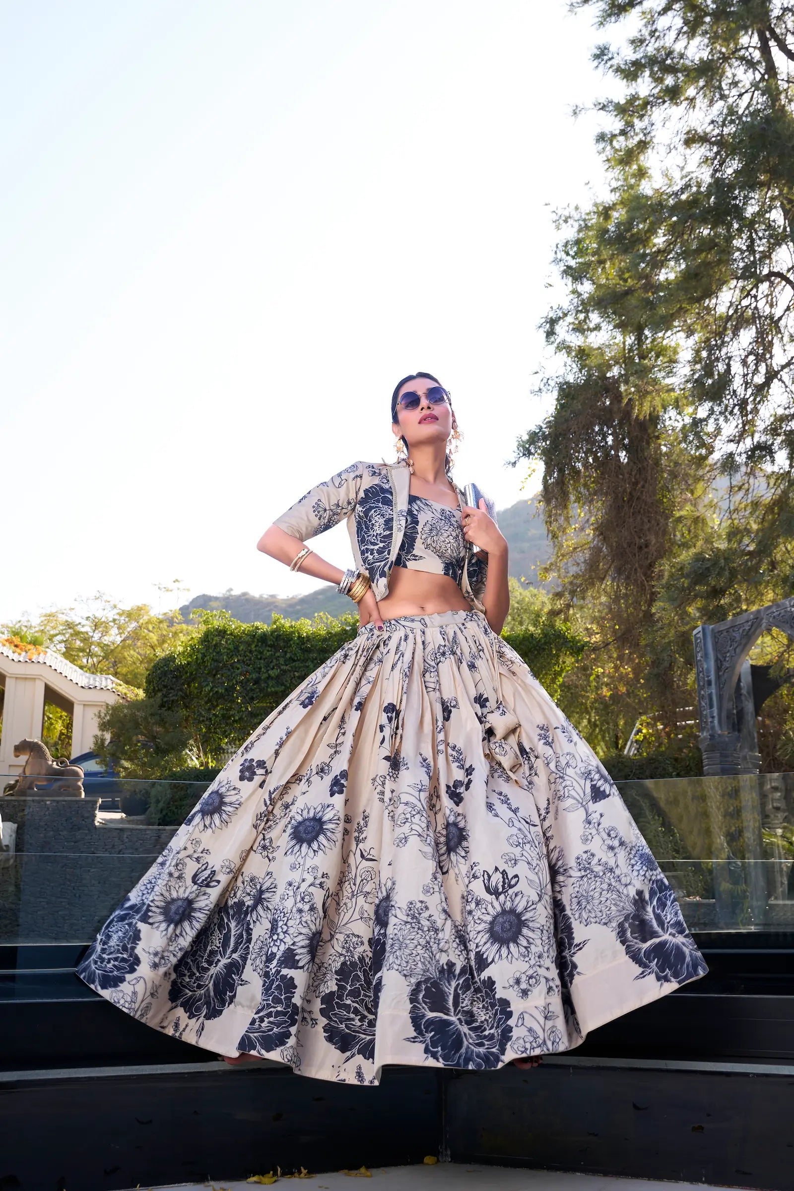 Beige Tussar Silk Floral Printed Indo Western Set - qivii