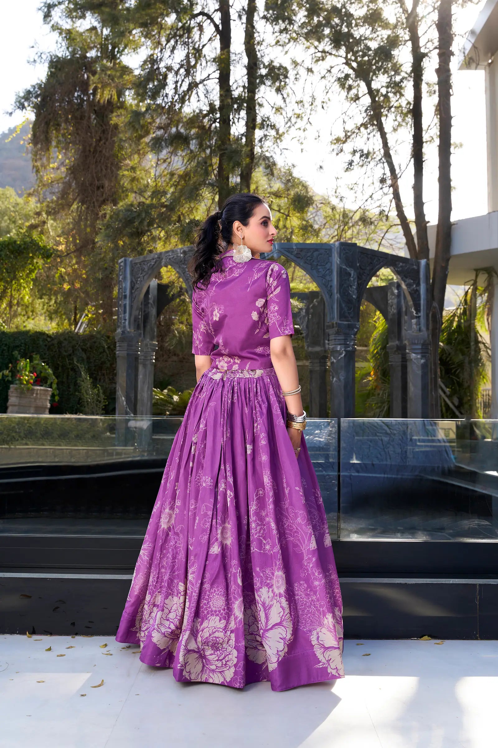 Purple Tussar Silk Floral Printed Indo Western Set - qivii