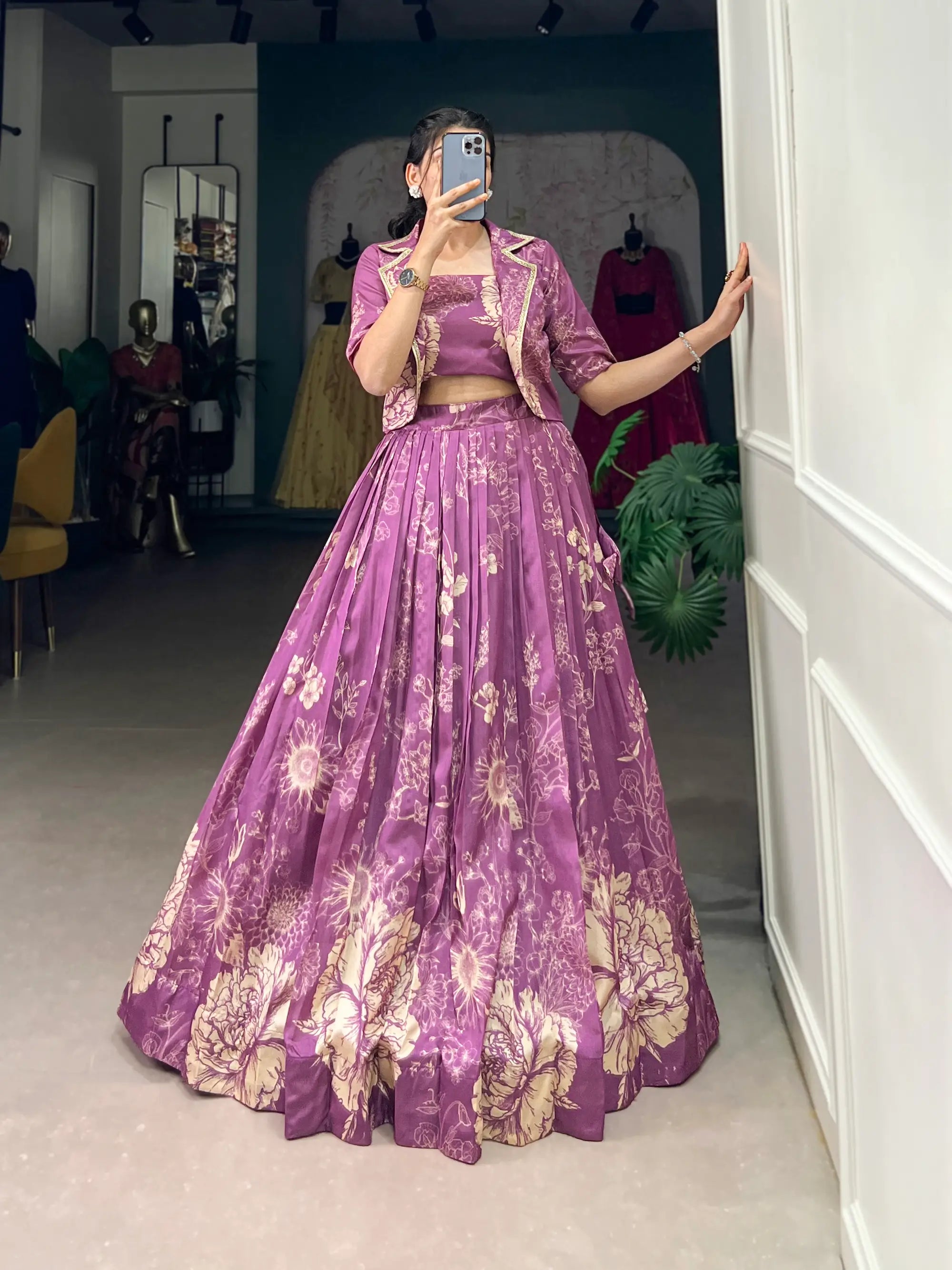 Purple Tussar Silk Floral Printed Indo Western Set - qivii