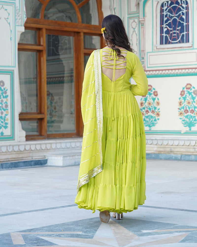 Parrot Color Five layer Georgette Anarkali Gown With Dupatta  - By Qivii