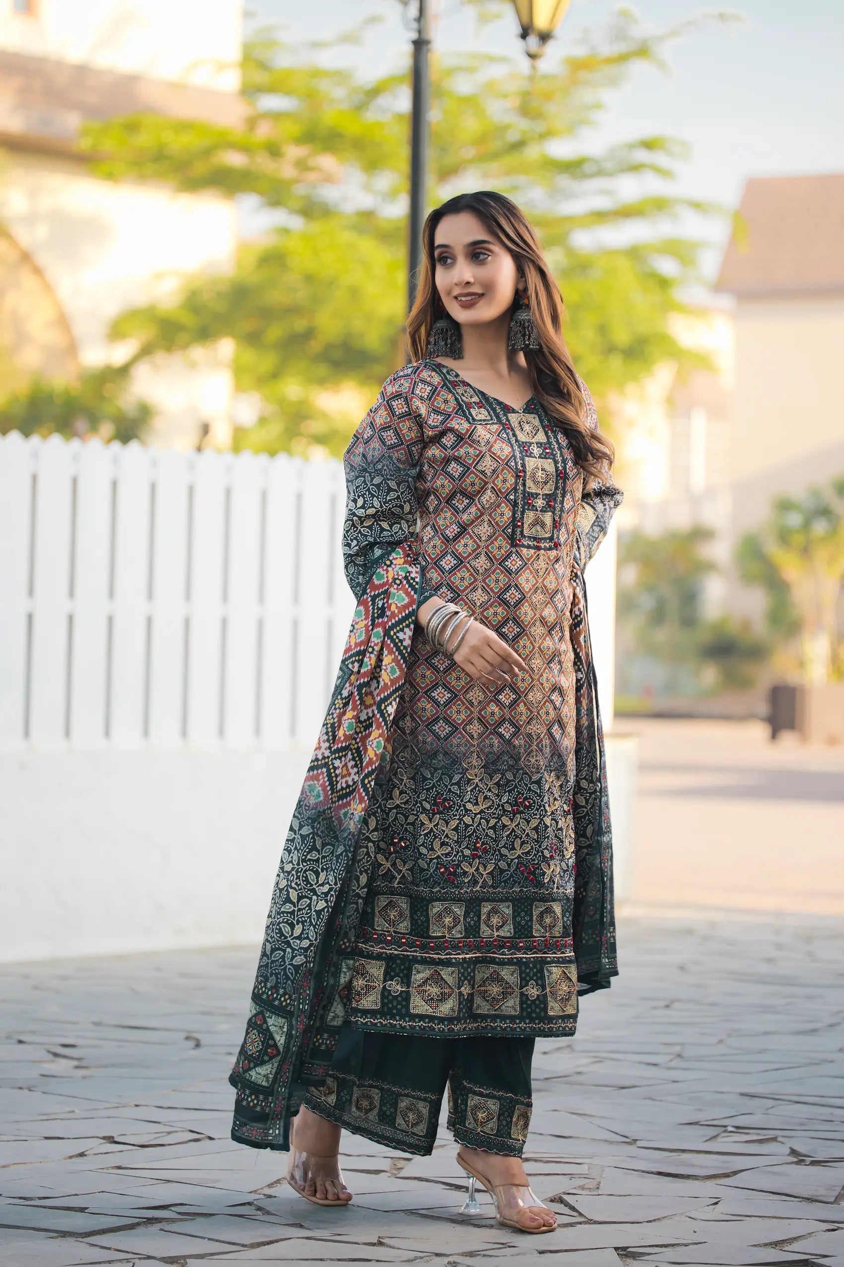 Dark Green Chinon Handwork & Printed Salwar Suit - qivii