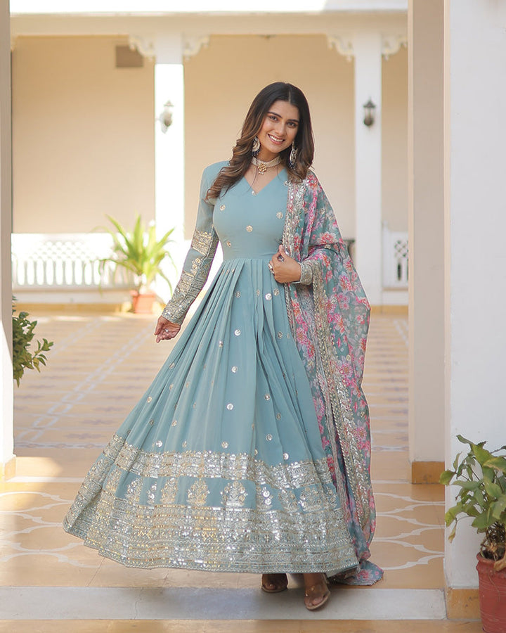 Sky Color Faux Georgette Designer Gown With Dupatta  - By Qivii