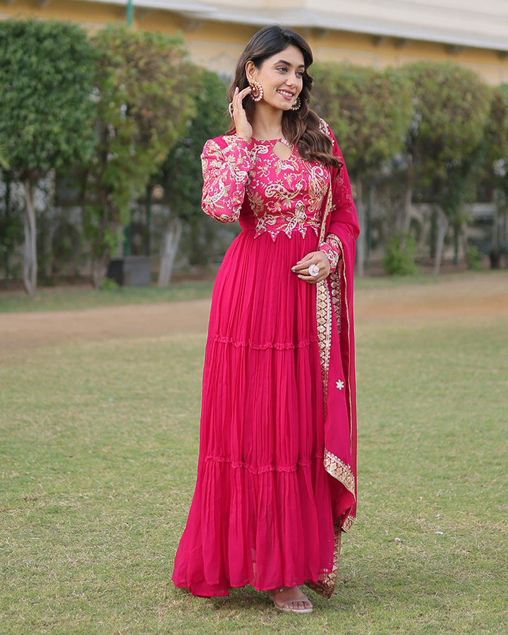 Rani Pink Color Frill Georgette Gown With Dupatta  - By Qivii