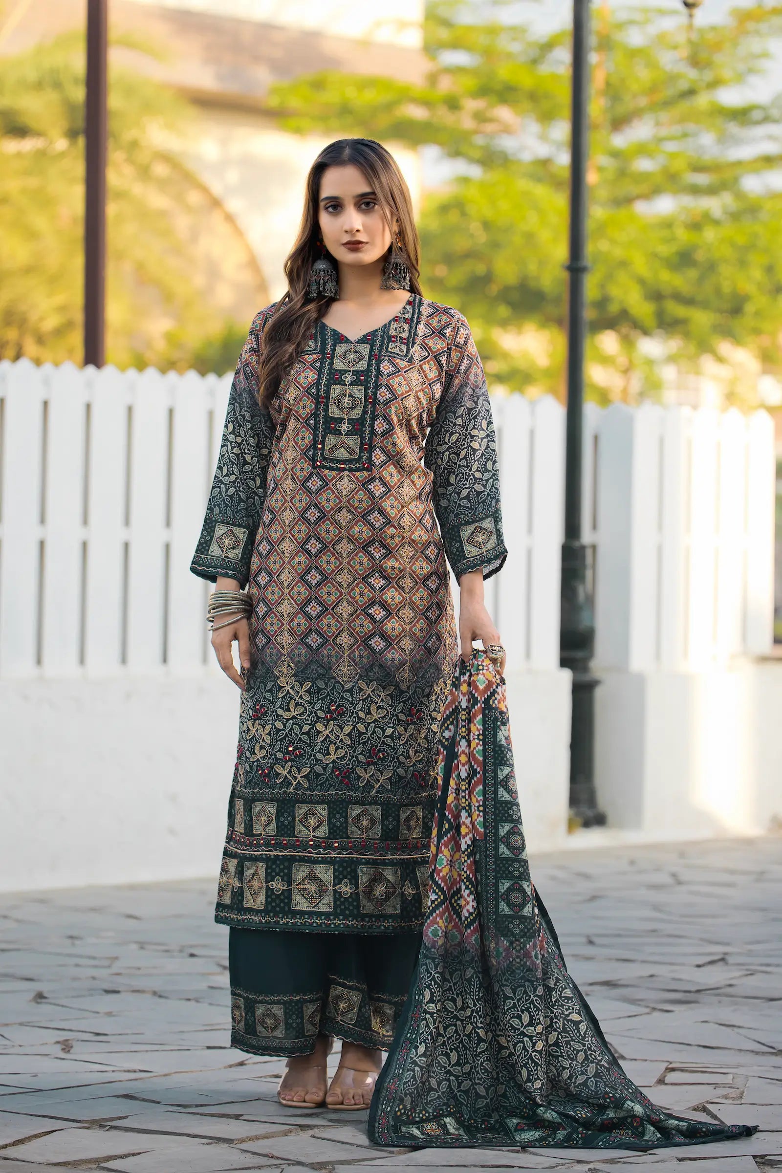 Dark Green Chinon Handwork & Printed Salwar Suit - qivii