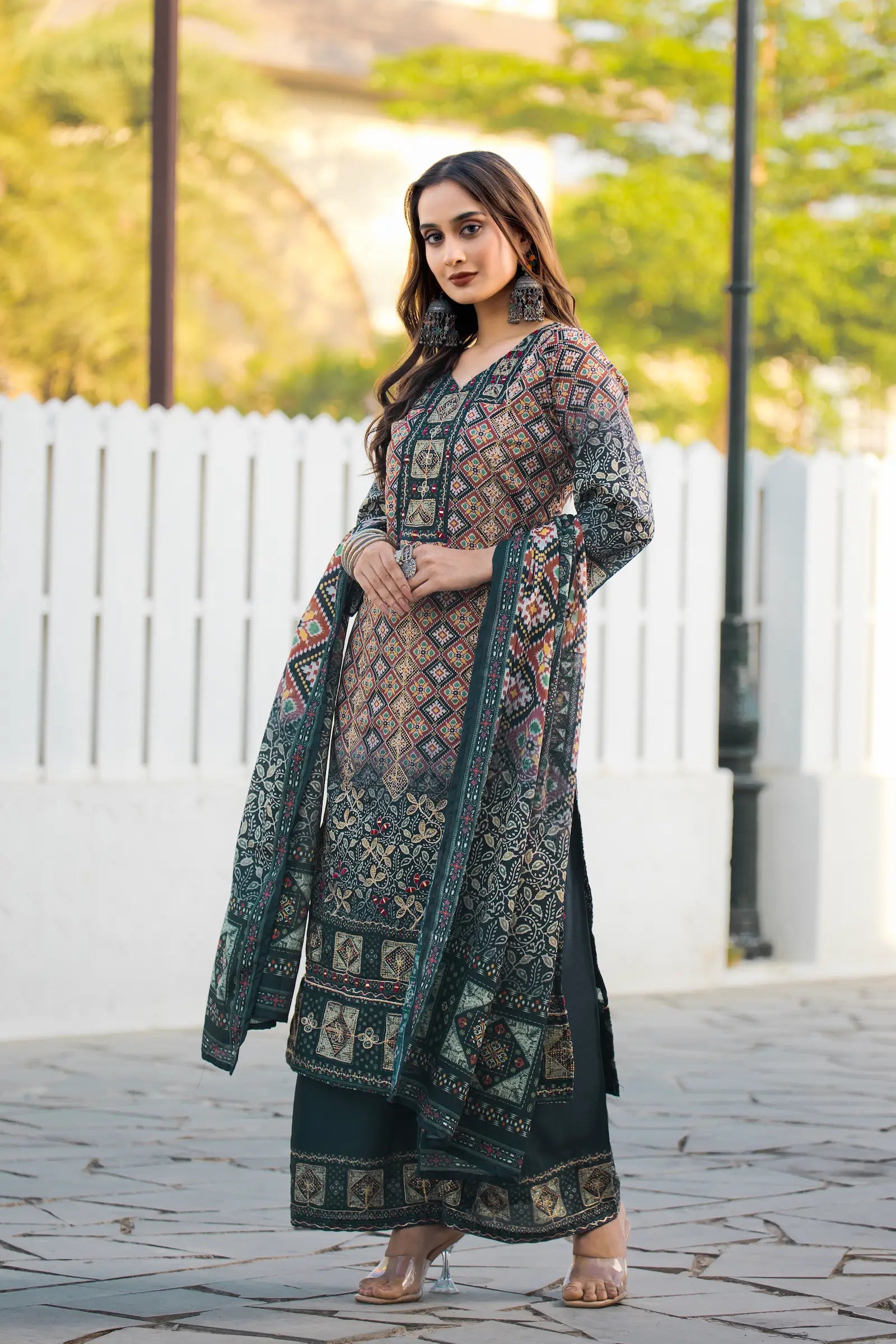 Dark Green Chinon Handwork & Printed Salwar Suit - qivii
