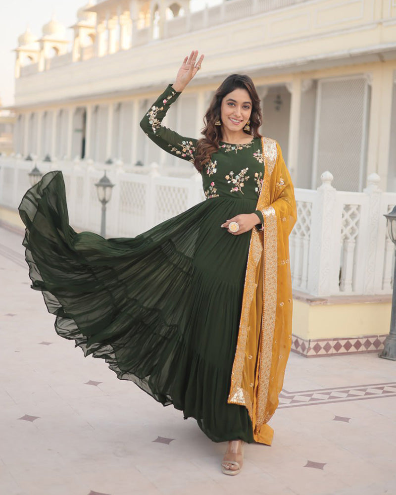 Mehndi Color Three layer Georgette Gown With Russian Silk Dupatta  - By Qivii