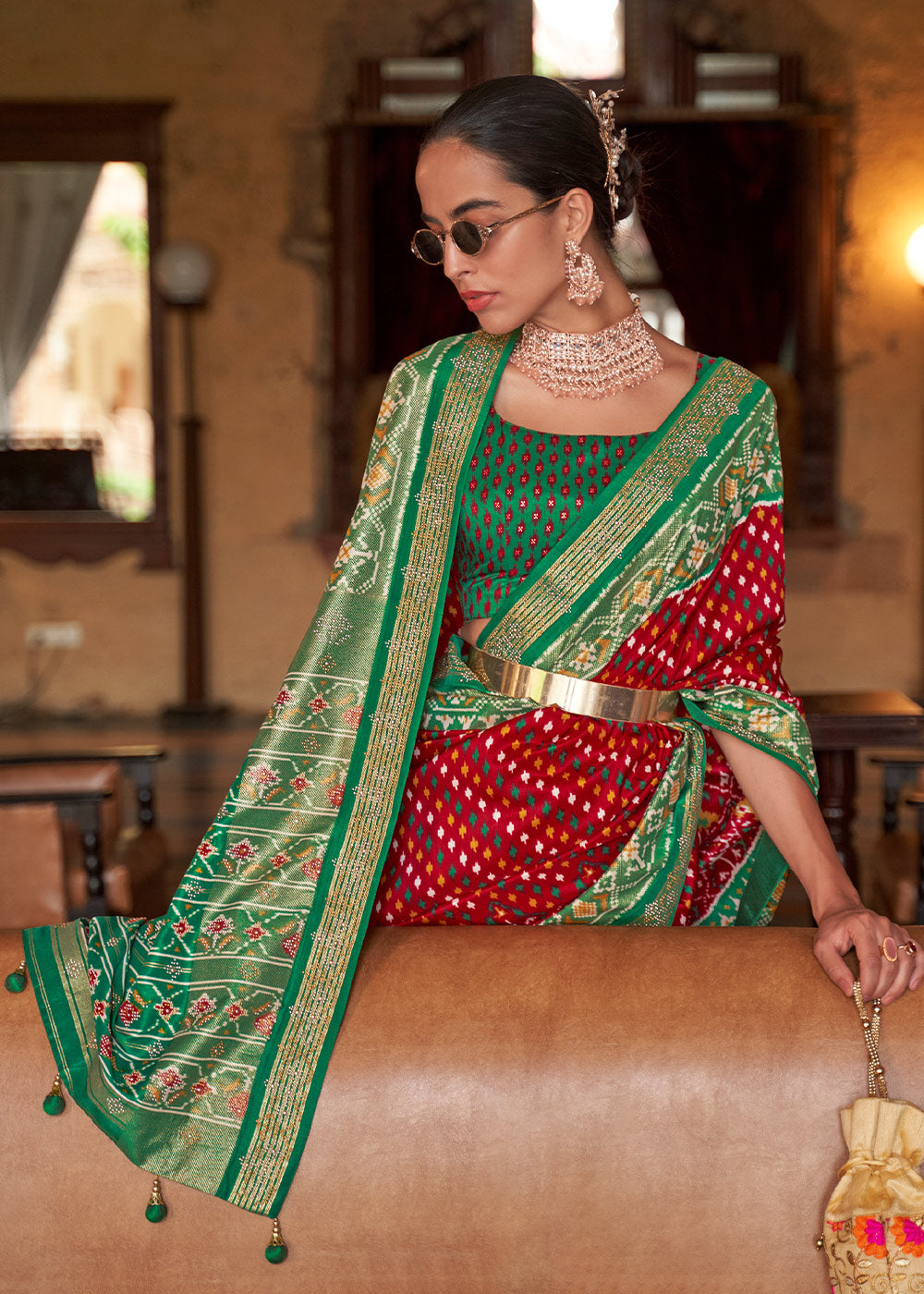 Red & Green Printed Patola Silk Saree with Tassels on Pallu - qivii