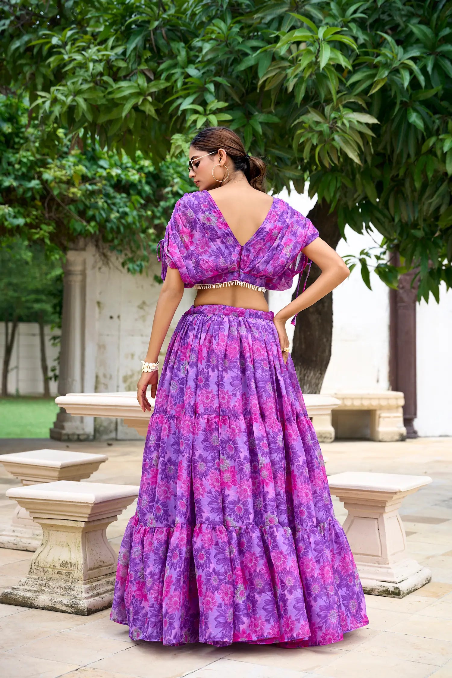 Purple Chiffon Floral Printed Indo Western Set - qivii