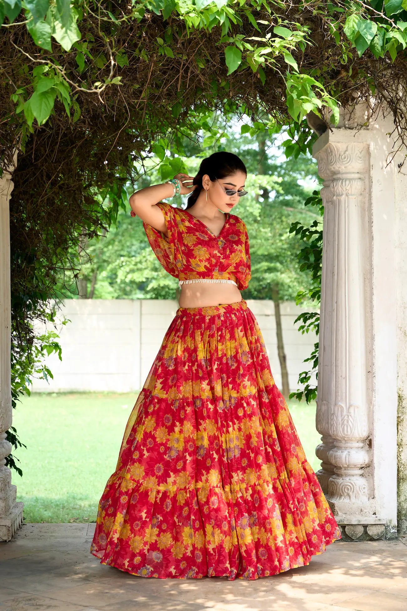 Red Chiffon Floral Printed Indo Western Set - qivii
