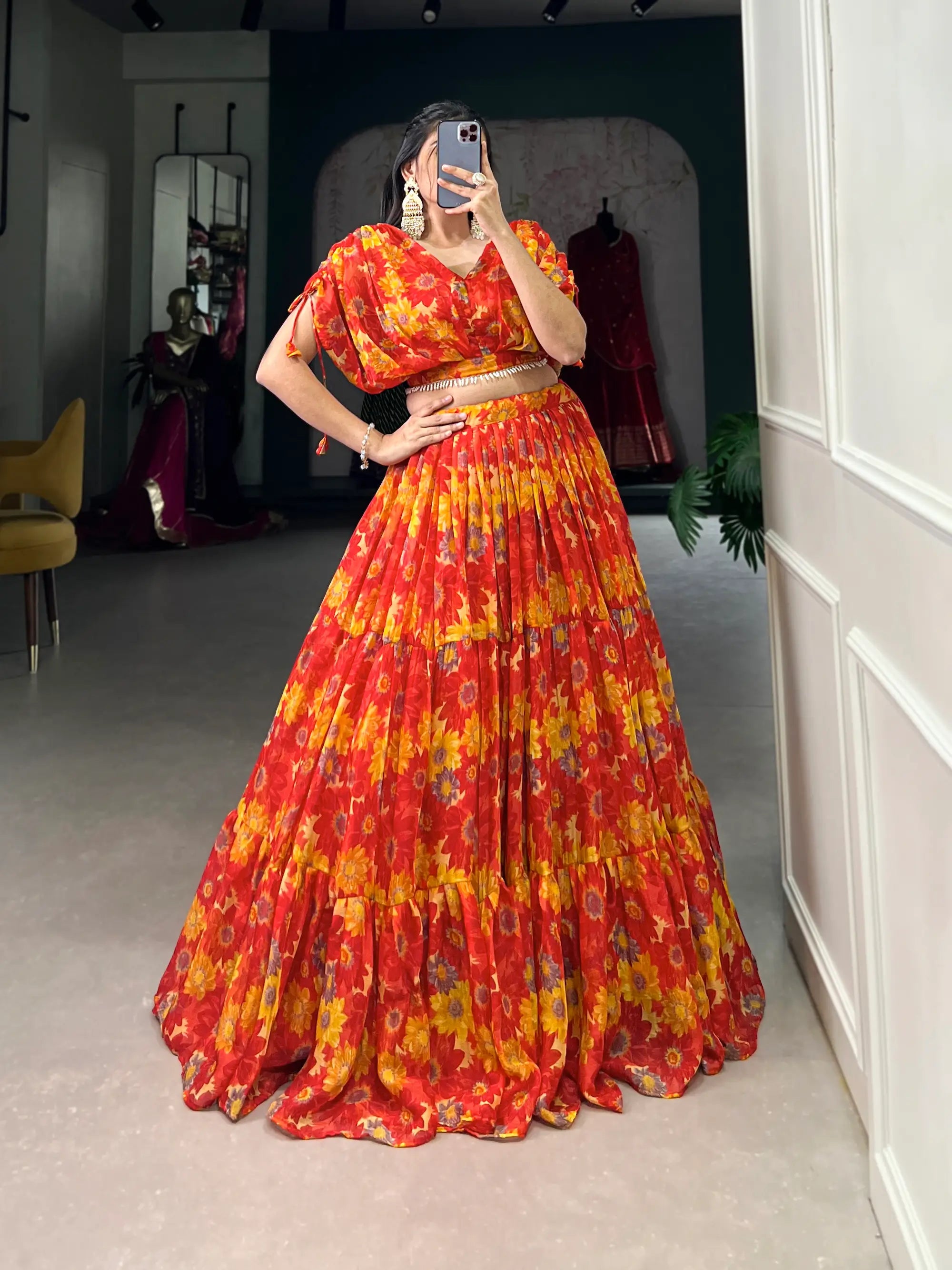 Red Chiffon Floral Printed Indo Western Set - qivii