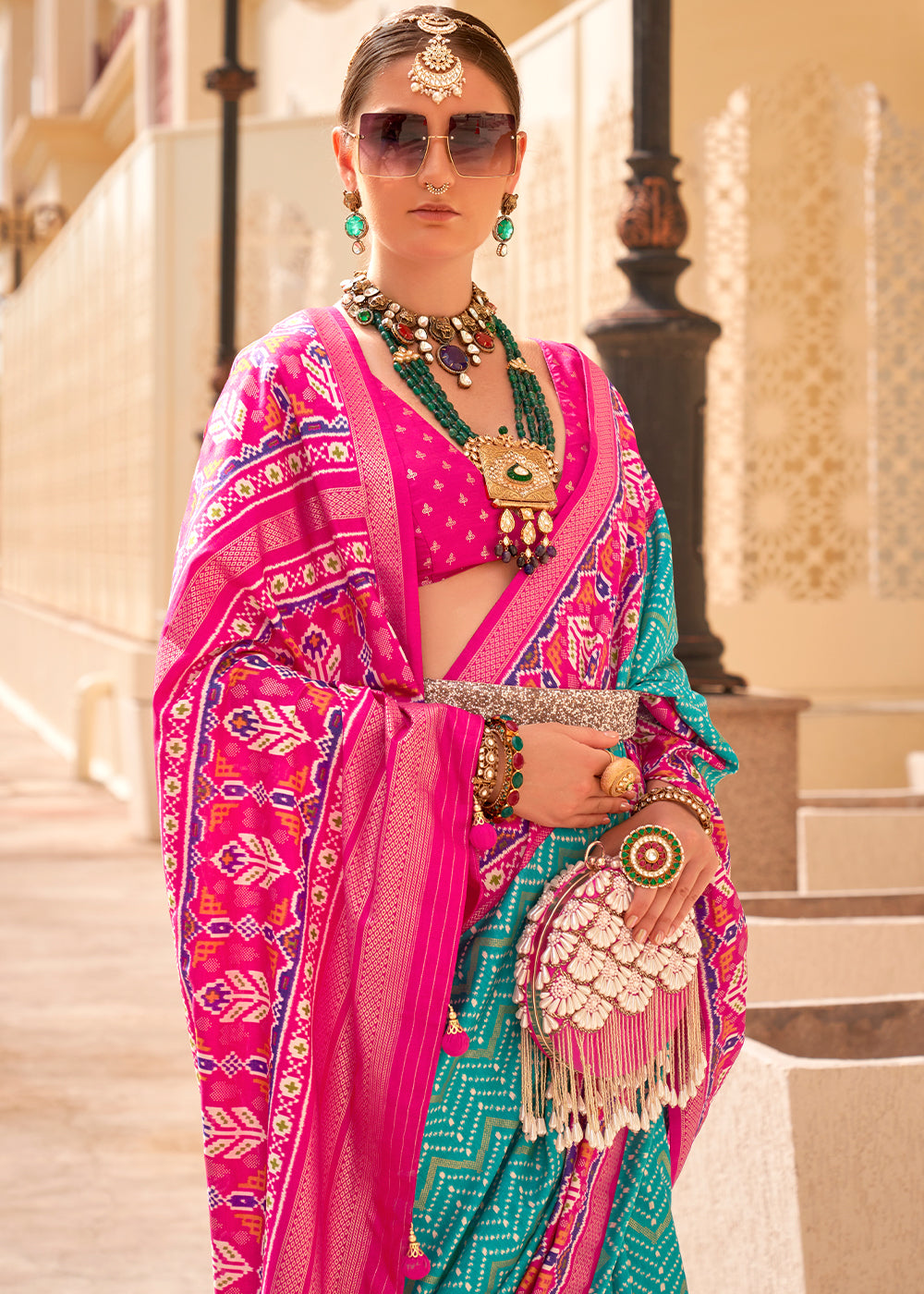 Cerulean Blue Patola Printed Silk Saree