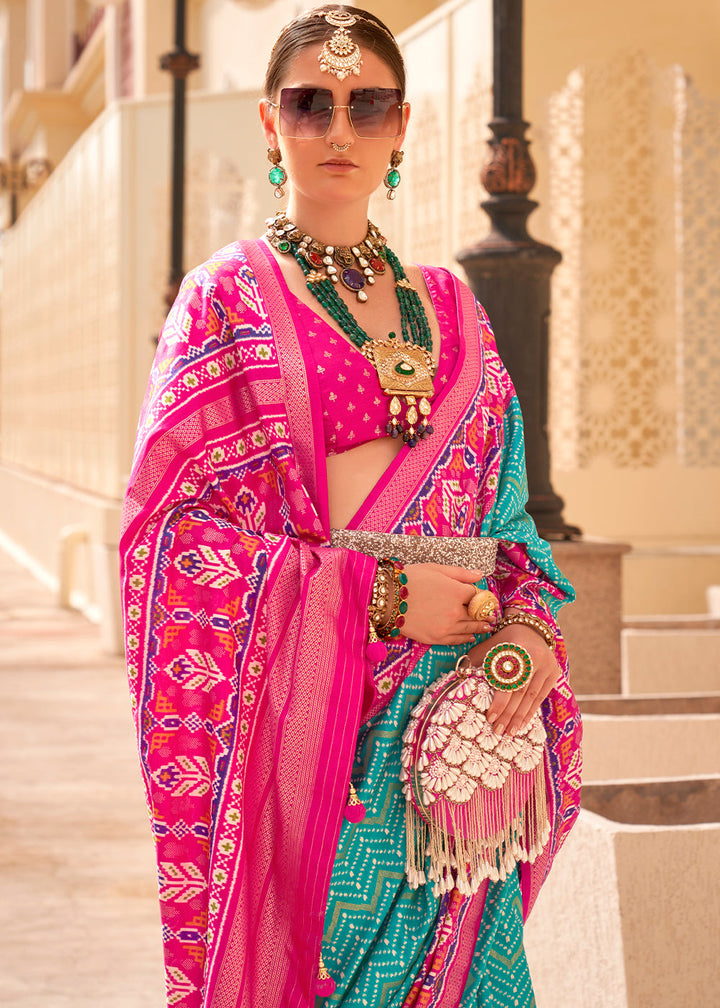 Cerulean Blue Patola Printed Silk Saree