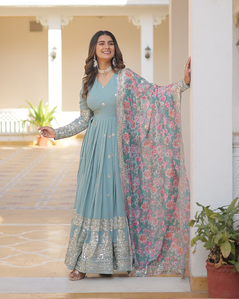 Sky Color Faux Georgette Designer Gown With Dupatta  - By Qivii