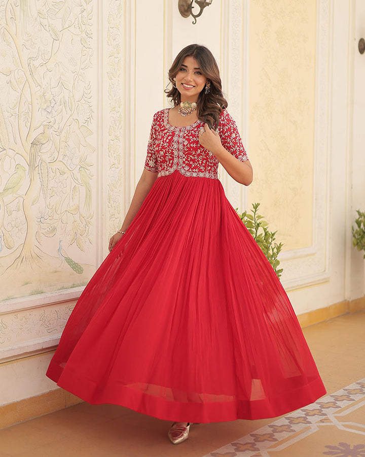 Red Color Faux Blooming Zari sequence Embroidered Gown  - By Qivii