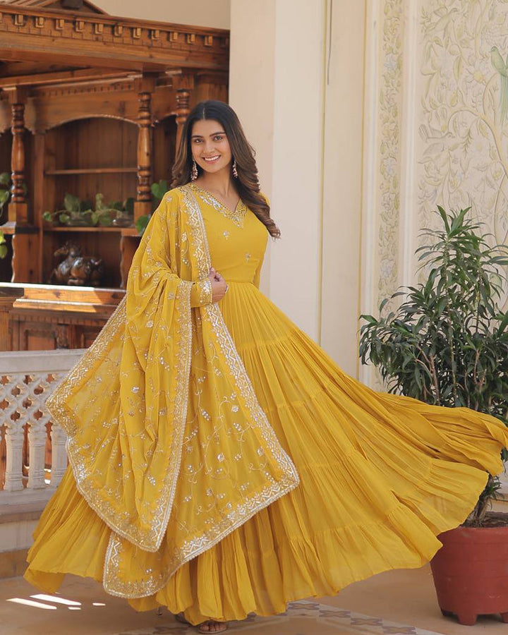 Yellow Color Faux Georgette Designer Anarkali Gown With Dupatta  - By Qivii