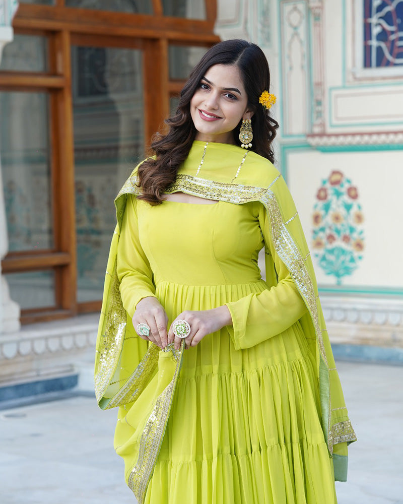 Parrot Color Five layer Georgette Anarkali Gown With Dupatta  - By Qivii