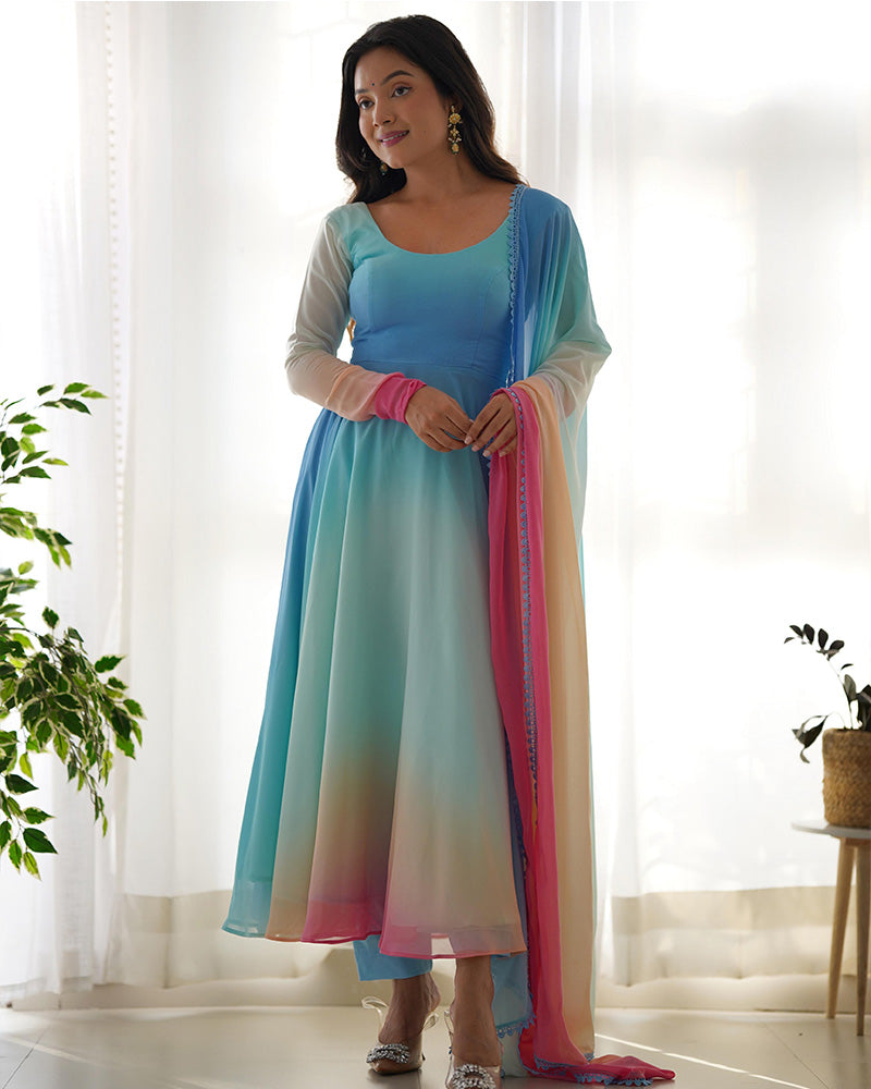 Beautiful Multi Color Georgette Three Piece Anarkali Suit  - By Qivii