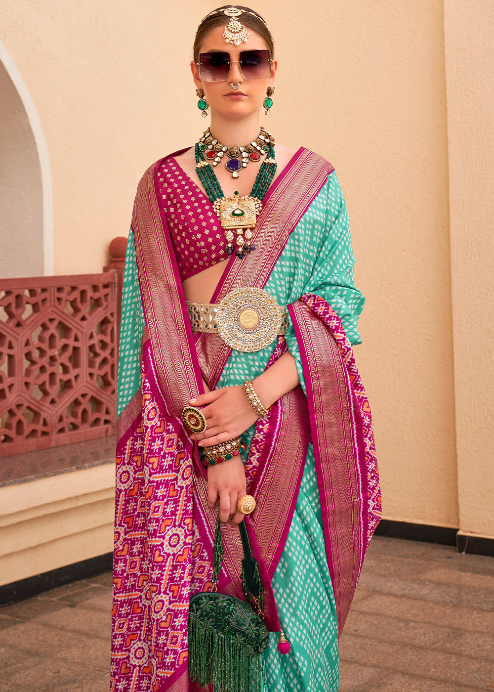 Turquoise Blue Patola Printed Silk Saree - qivii