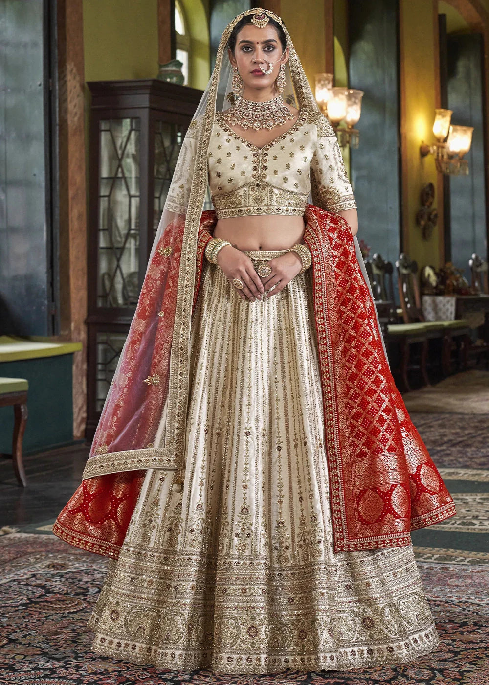 Silk With Embroidery, Sequence, Thread, Pearl & Zari Weaving Work Bridal Semi Stitched Lehenga
