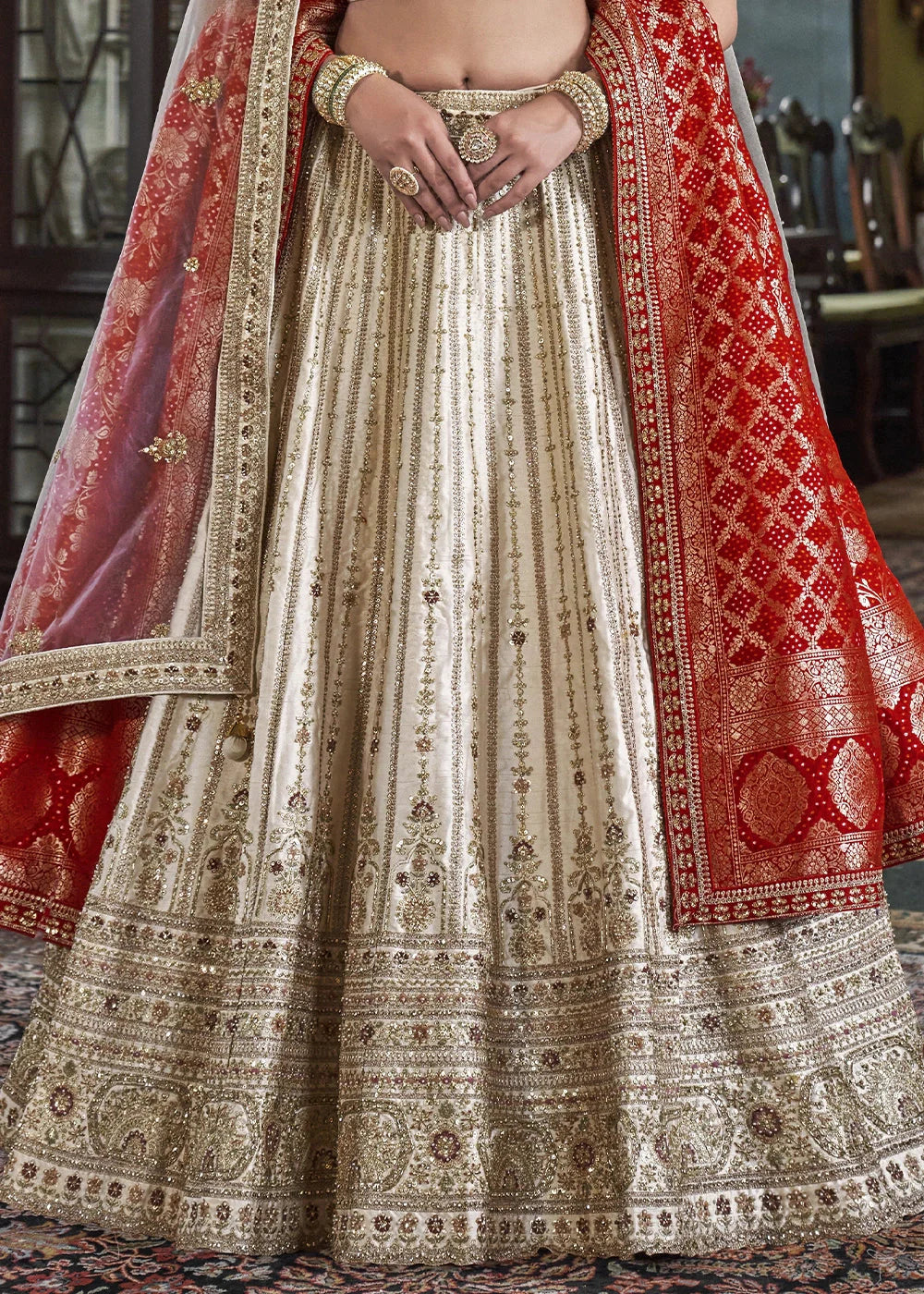 Silk With Embroidery, Sequence, Thread, Pearl & Zari Weaving Work Bridal Semi Stitched Lehenga