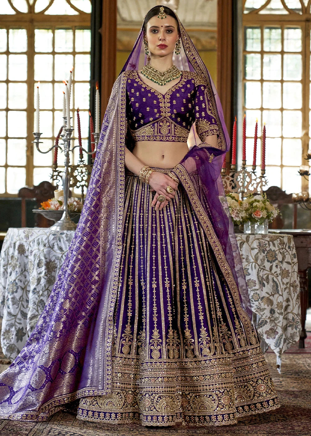 Silk With Embroidery, Sequence, Thread, Pearl & Zari Weaving Work Bridal Semi Stitched Lehenga