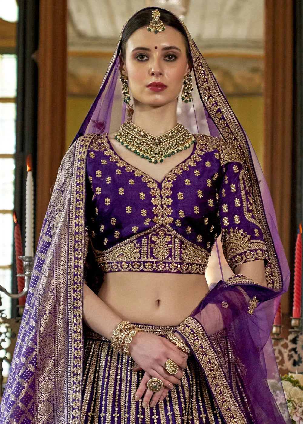 Silk With Embroidery, Sequence, Thread, Pearl & Zari Weaving Work Bridal Semi Stitched Lehenga
