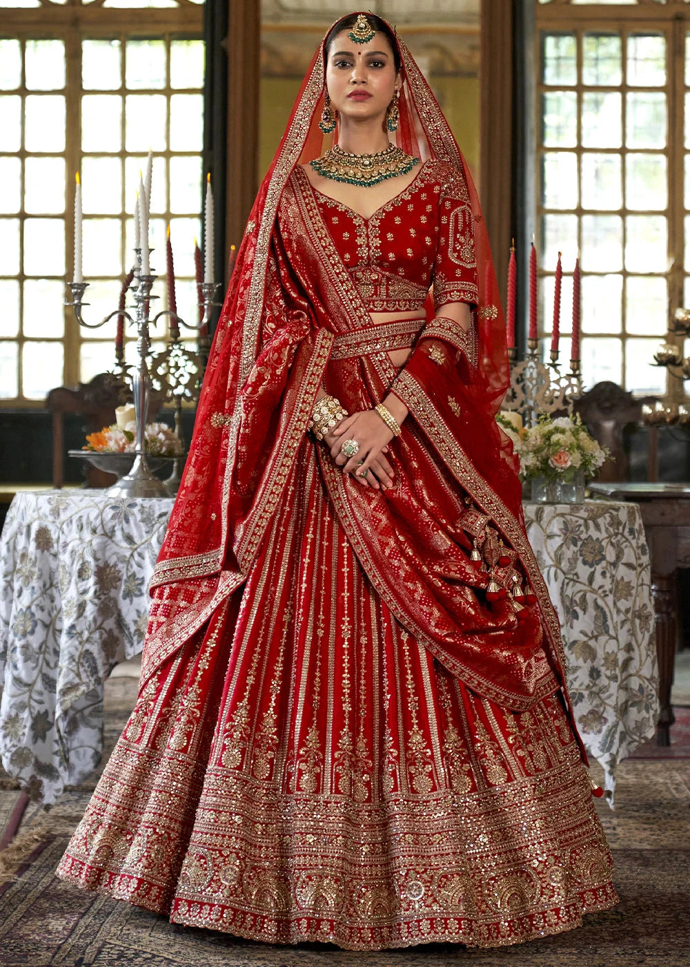 Maroon Embroidery, Sequence, Thread, Pearl & Zari Weaving Work Bridal Semi Stitched Lehenga