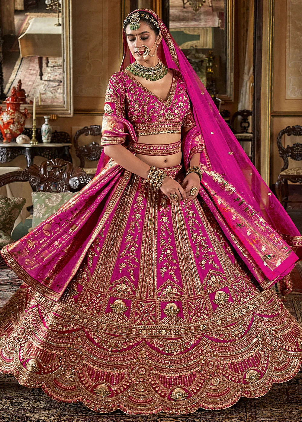 Pink Embroidery, Sequence, Thread, Pearl & Zari Weaving Work Bridal Semi Stitched Lehenga