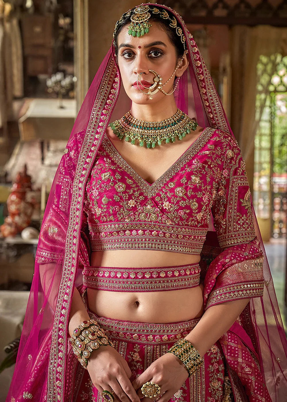 Pink Embroidery, Sequence, Thread, Pearl & Zari Weaving Work Bridal Semi Stitched Lehenga