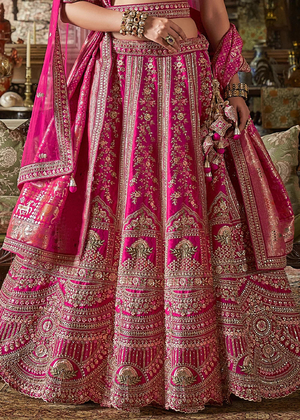 Pink Embroidery, Sequence, Thread, Pearl & Zari Weaving Work Bridal Semi Stitched Lehenga