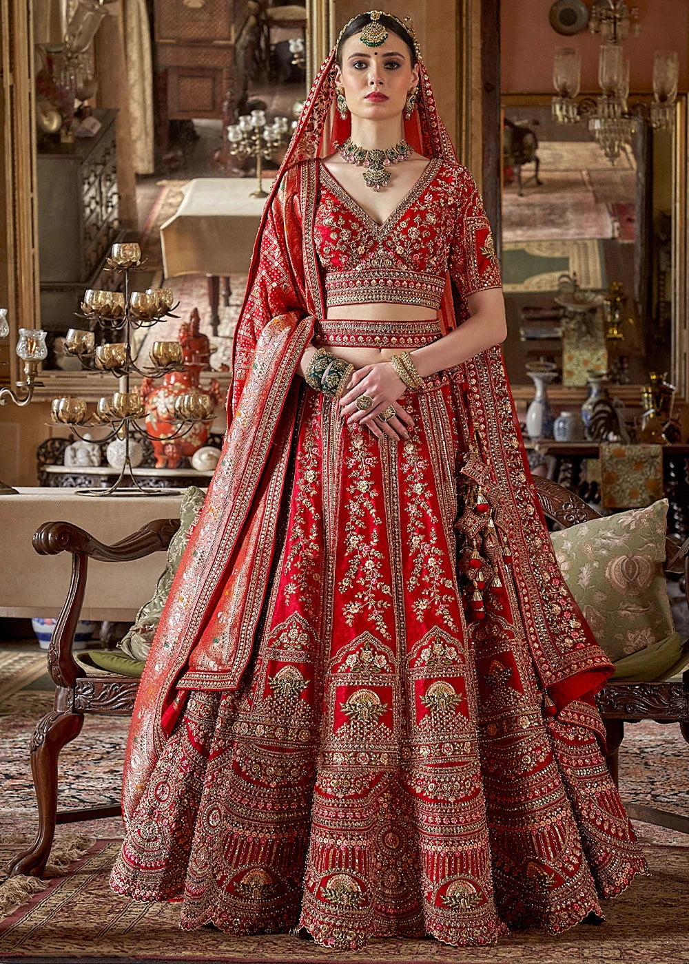 Red Slik with Embroidery, Sequence, Thread, Pearl & Zari Weaving Work Bridal Semi Stitched Lehenga