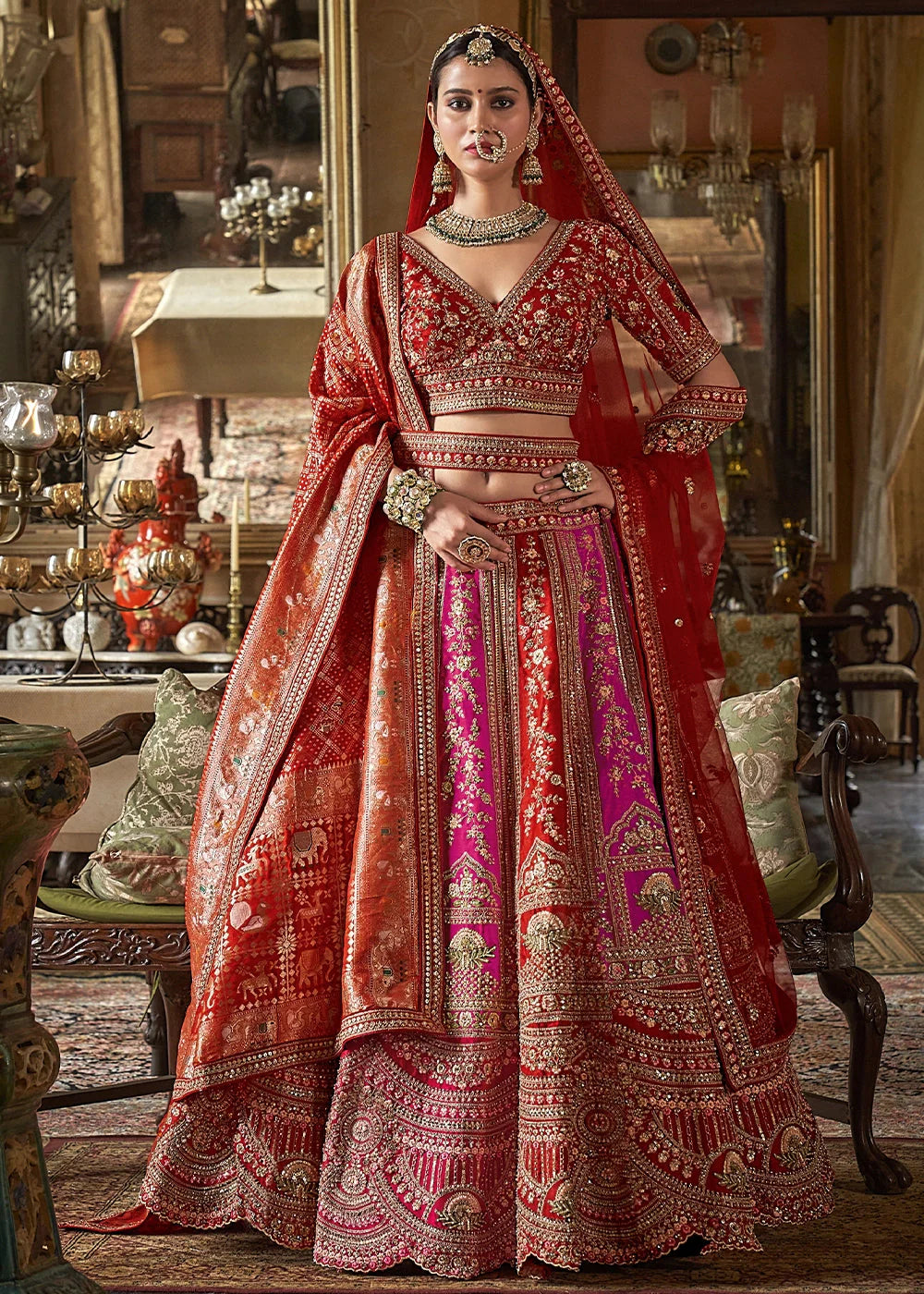 Red & Pink - Embroidery, Sequence, Thread, Pearl & Zari Weaving Work Bridal Semi Stitched Lehenga