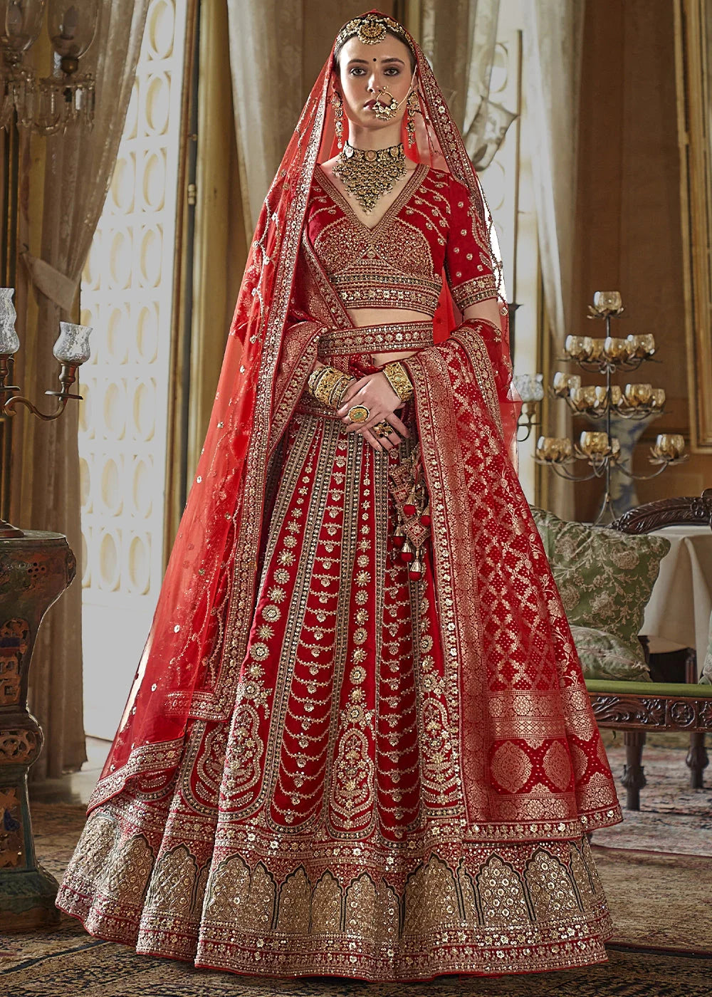Red - Embroidery, Sequence, Thread, Pearl & Zari Weaving Work Bridal Semi Stitched Lehenga