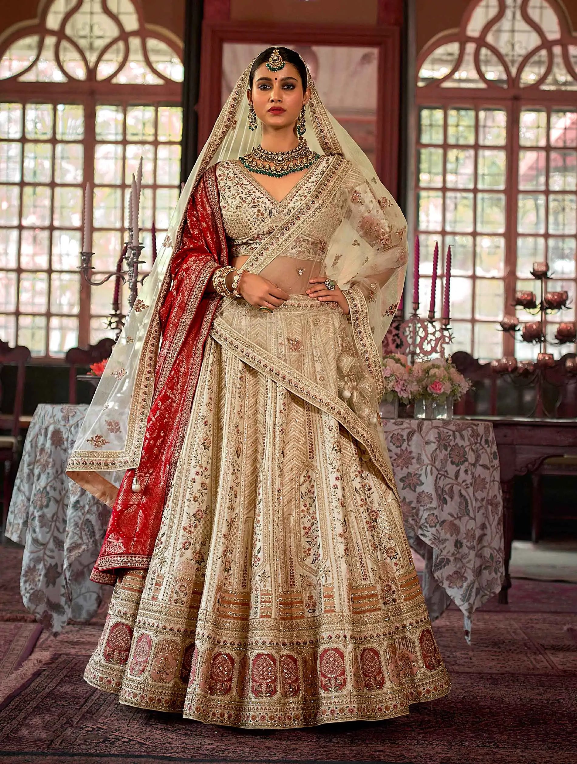 Beige Bridal Lehenga With Heavy Embroidery & Pearl Work - qivii