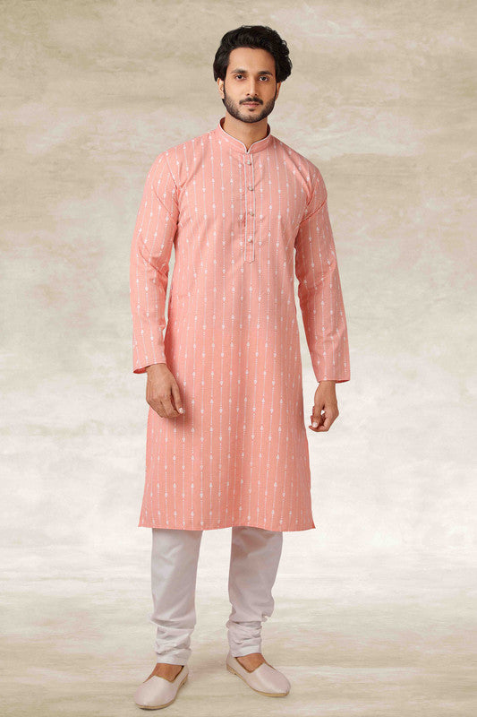 Men's Cotton Printed Work Kurta Pajama In Pink Colour