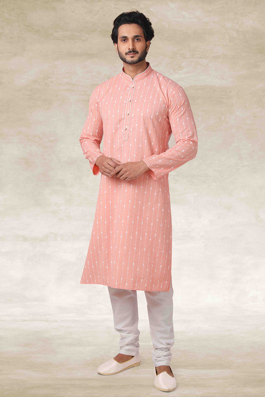 Men's Cotton Printed Work Kurta Pajama In Pink Colour