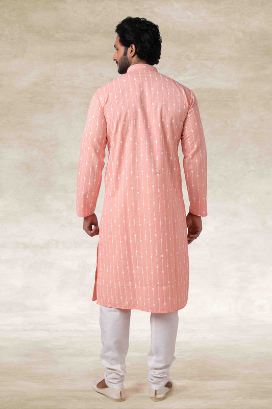 Men's Cotton Printed Work Kurta Pajama In Pink Colour