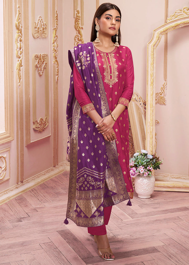 Ruby Pink Dola Silk Jacquard Kurta with Santoon Trouser & Dola Jacquard Dupatta