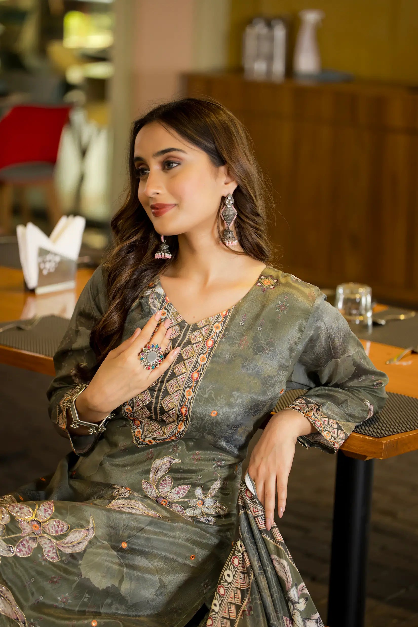 Olive Green Chinon Handwork & Printed Salwar Suit - qivii