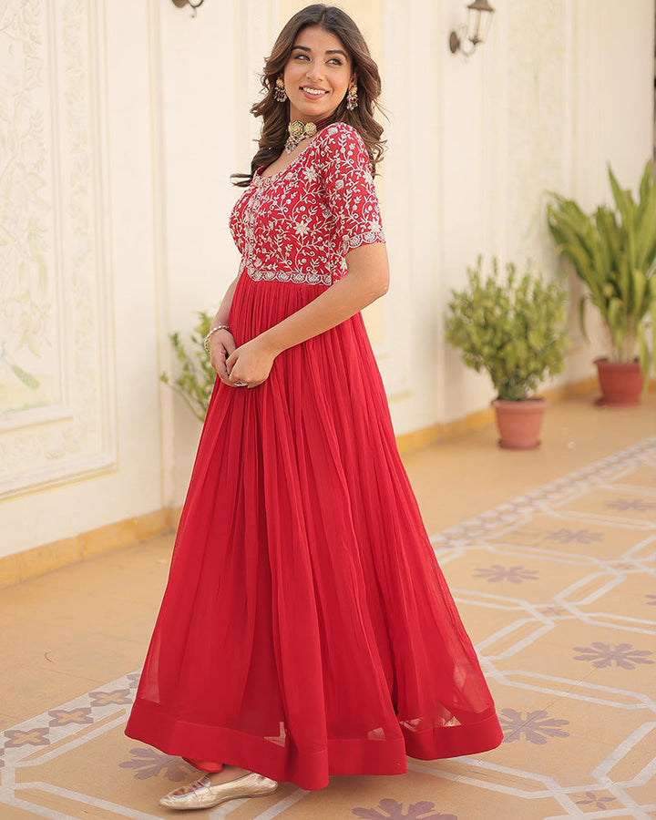 Red Color Faux Blooming Zari sequence Embroidered Gown  - By Qivii