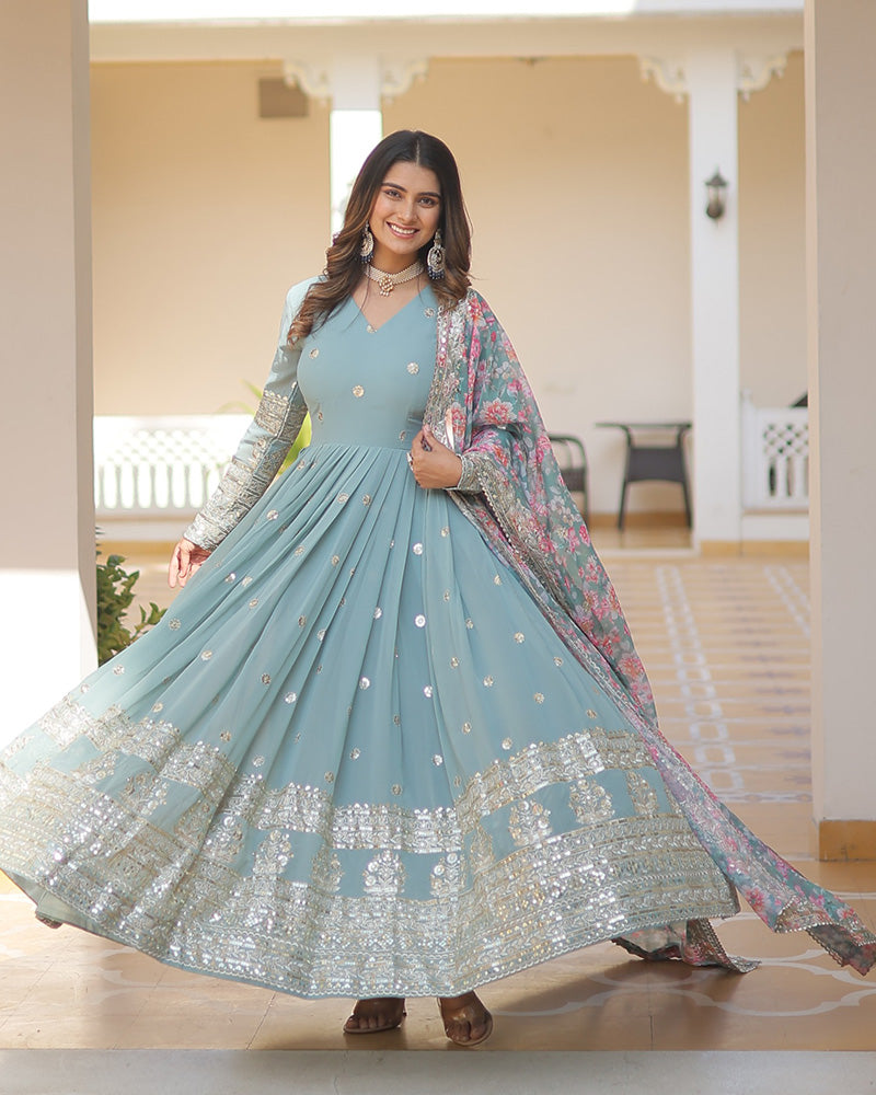 Sky Color Faux Georgette Designer Gown With Dupatta by Qivii - Elegant and flowing gown in soft blue with matching dupatta