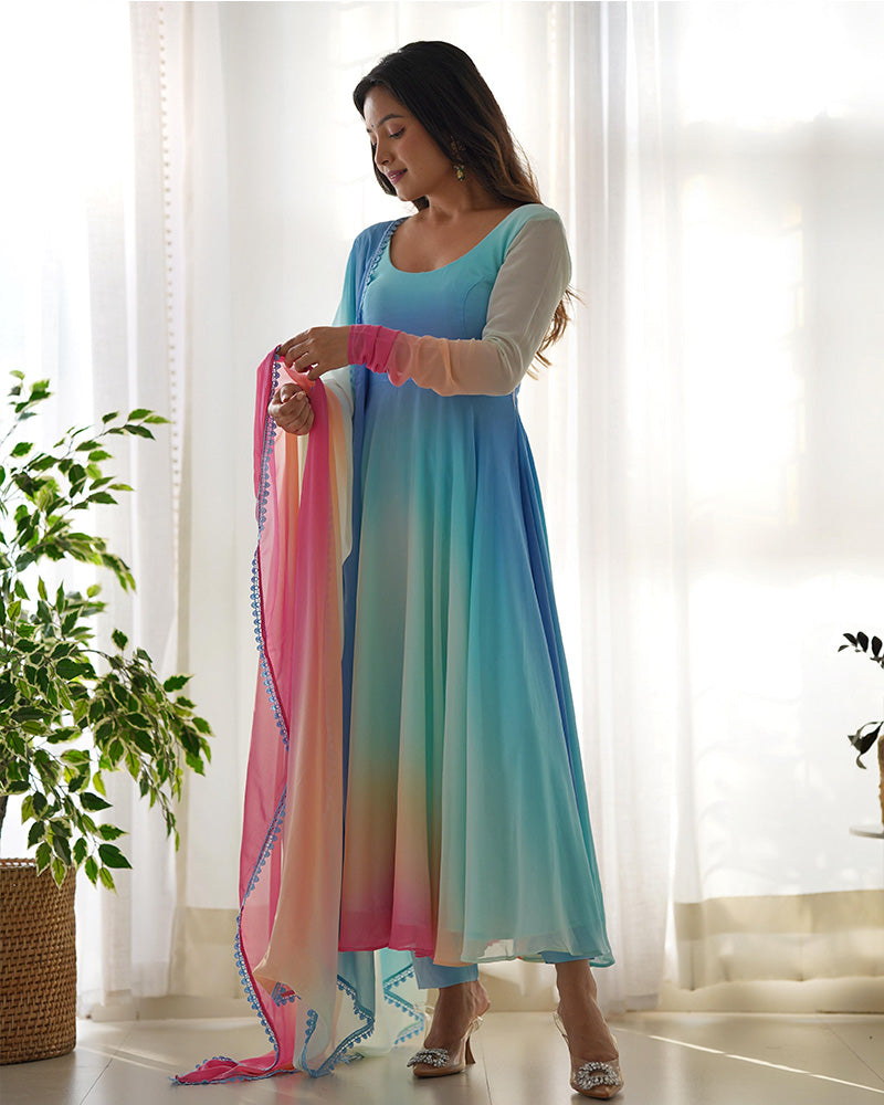 Stunning georgette anarkali suit with beautiful multi-color design and dupatta