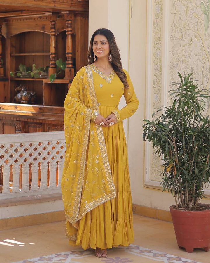 Yellow Color Faux Georgette Designer Anarkali Gown With Dupatta  - By Qivii